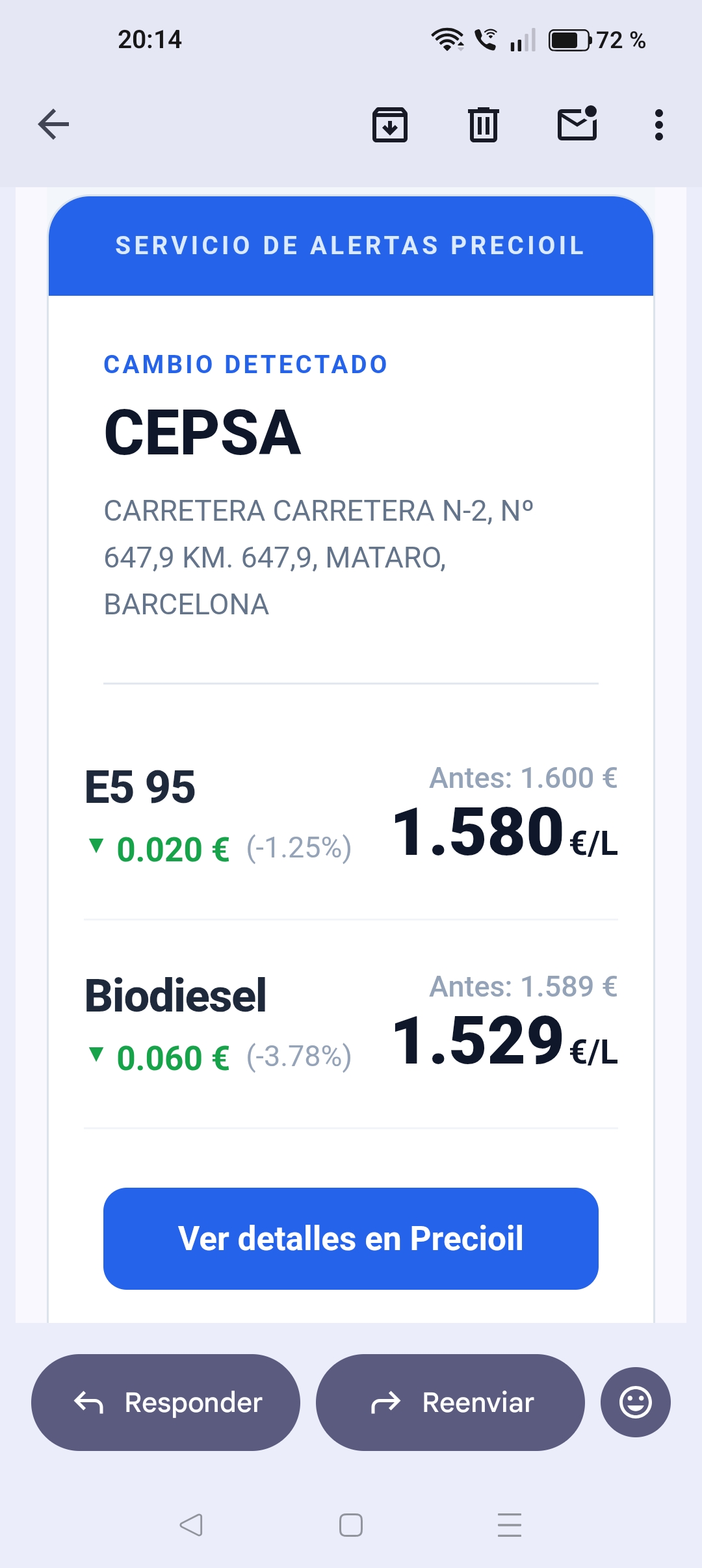 Captura real del correo de alerta de Precioil en un movil
